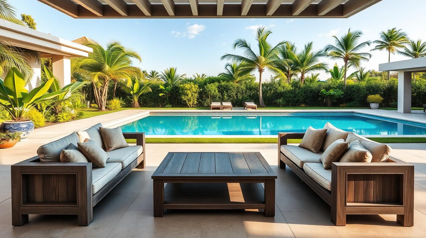 weathered silver grey teak outdoor lounge facing a swimming pool view in a tropical garden. Images Created by www.TinyHome-Revolution.com