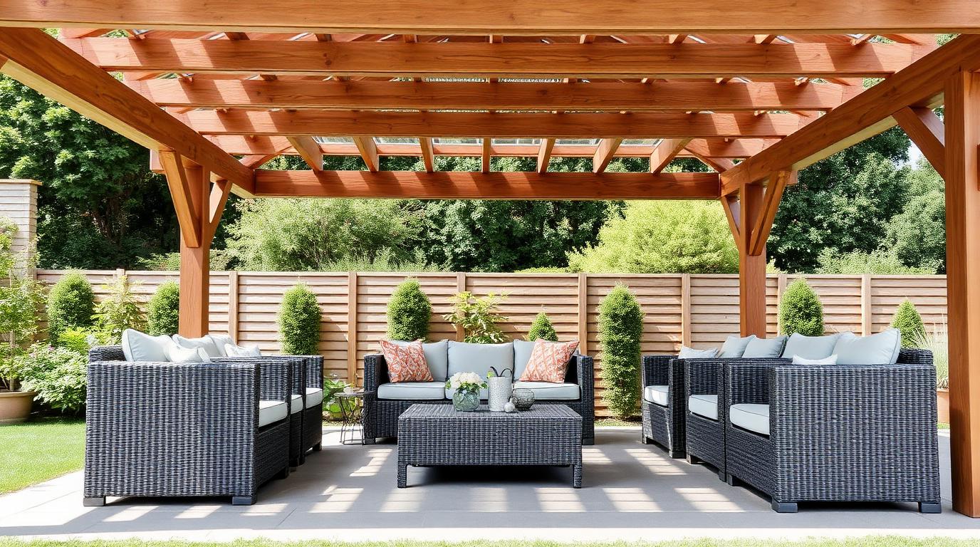UV stabilised grey woven resin wicker outdoor lounge set under a wooden pergola shade canopy. Images Created by www.TinyHome-Revolution.com