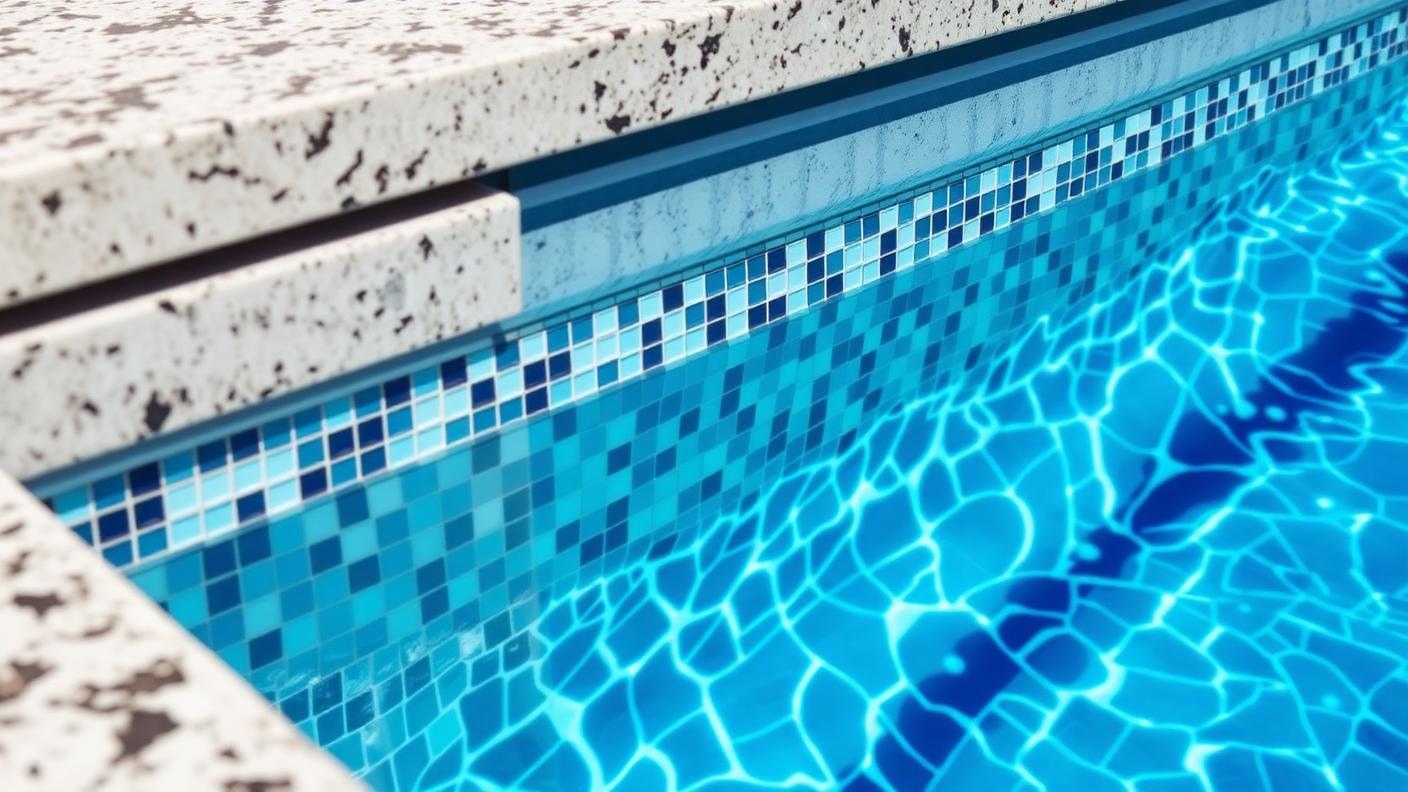 detail of glass mosaic waterline tiles granite coping and powder coated frame on a swimming pool in sunlight. Images Created by www.TinyHome-Revolution.com