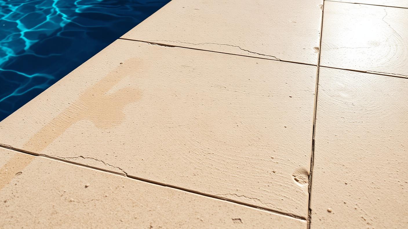 close up of rough textured sandblasted travertine non slip pavers at the edge of a sunlit swimming pool. Images Created by www.TinyHome-Revolution.com