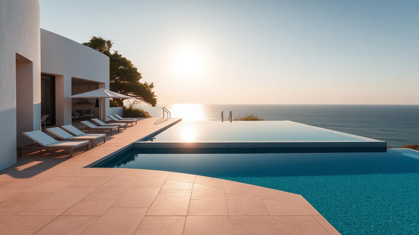 Infinity Edge Modern Pool backyard design Forward Looking A vanishing edge pool set against a crisp white modern home, with. Images Created by www.TinyHome-Revolution.com