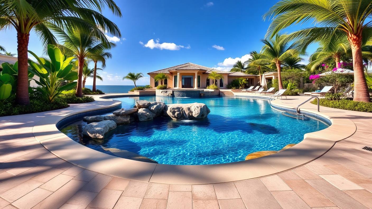 Tropical Lagoon Waterfall Pool backyard design Forward Looking A freeform lagoon pool curves through palms and heliconia with a boulder. Images Created by www.TinyHome-Revolution.com