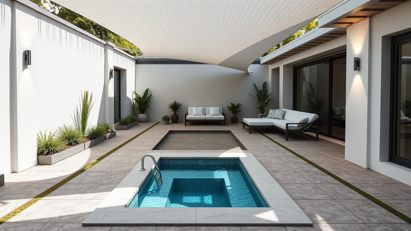 Compact Plunge Pool & Spa backyard design Forward Looking A 4m x 2.5m plunge pool with an integrated spa jet. Images Created by www.TinyHome-Revolution.com