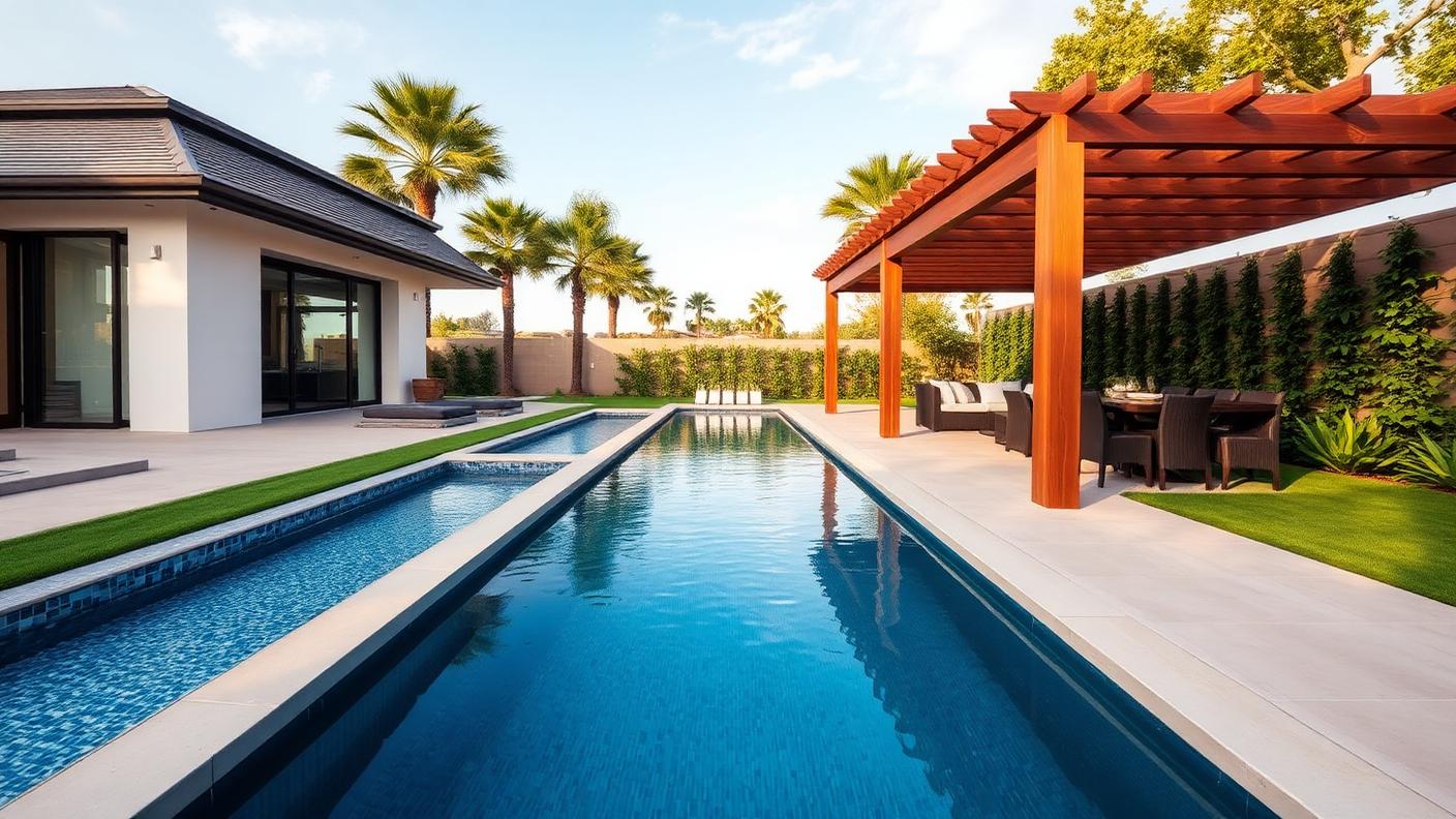 25 Metre Lap Pool & Cabana backyard design Forward Looking A long lap pool runs the length of the block. Images Created by www.TinyHome-Revolution.com