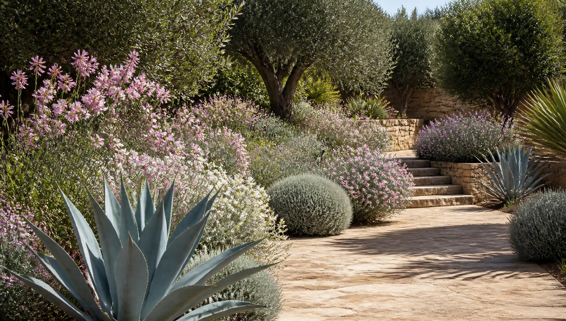 Mediterranean dry garden with silvery olive trees agave pink flowers stone steps. Images Created by www.TinyHome-Revolution.com