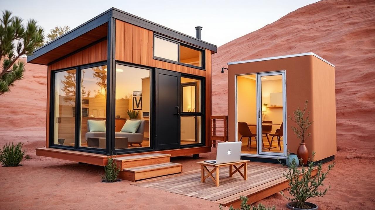 Modern compact tiny homes with large glazing and a small deck workspace for a younger generation of owners, images created by www.TinyHome-Revolution.com
