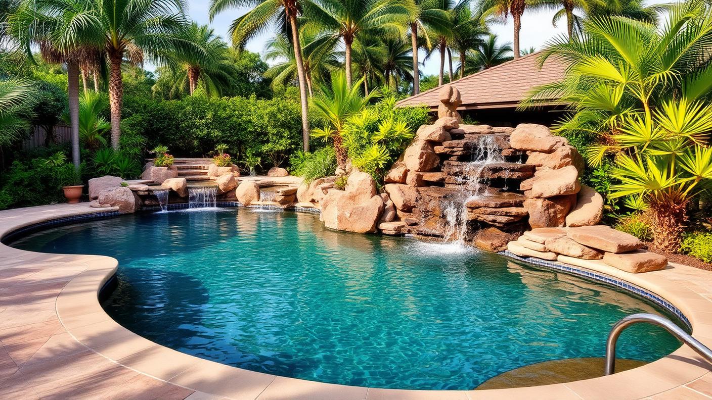 Tropical Lagoon with Rock Waterfall swimming pool design Natural & lagoon A freeform lagoon with a boulder waterfall and a. Images Created by www.TinyHome-Revolution.com