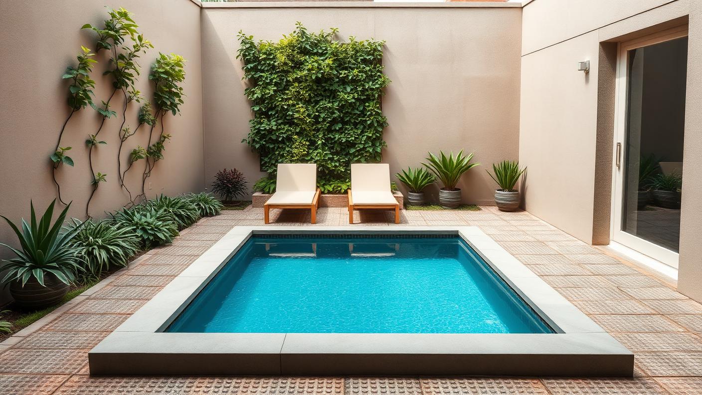 Walled Courtyard Plunge Pool swimming pool design Compact & small block A 4m x 2.5m plunge is for cooling off. Images Created by www.TinyHome-Revolution.com