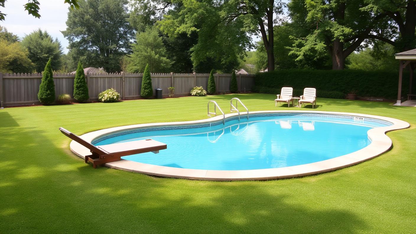 Kidney Shaped Pool on Lawn swimming pool design Classic shapes The kidney is the friendly classic: a curved shallow end. Images Created by www.TinyHome-Revolution.com