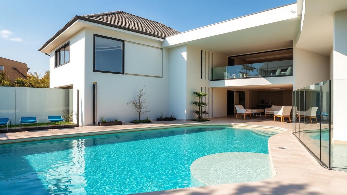 Freeform Pool for a Modern Home swimming pool design Classic shapes A soft freeform shape with a broad sun ledge. Images Created by www.TinyHome-Revolution.com