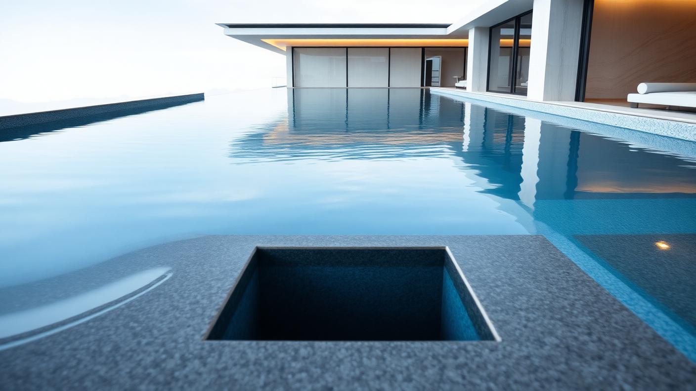 Perimeter Overflow Pool with Spa swimming pool design Architectural Water spills evenly over all four edges into a slot drain. Images Created by www.TinyHome-Revolution.com