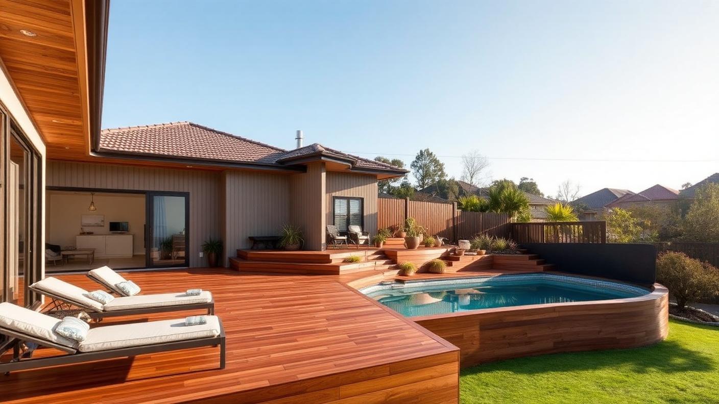 Raised Deck Above Ground Pool swimming pool design Compact & small block A semi inground or above ground shell surrounded. Images Created by www.TinyHome-Revolution.com