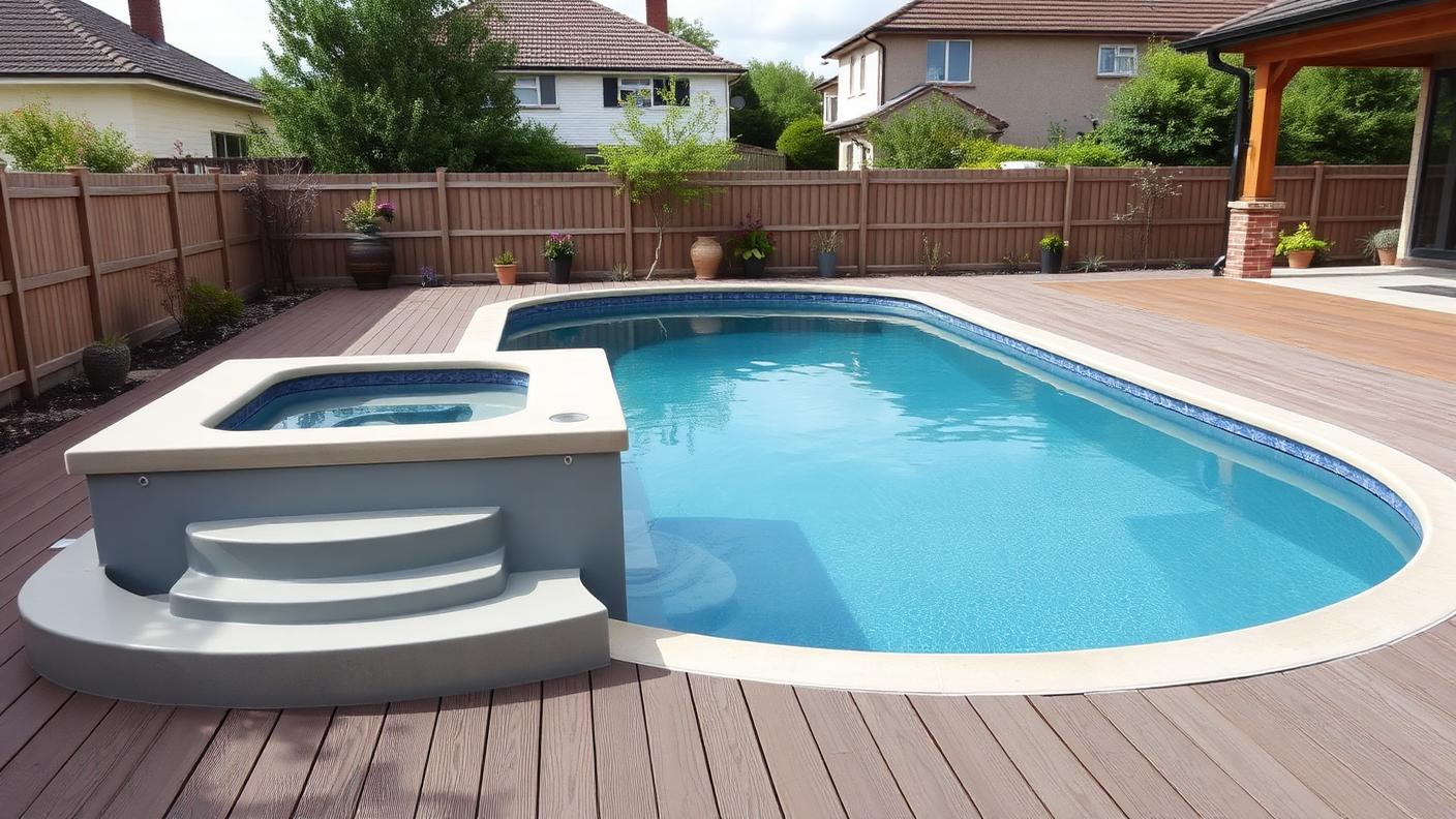 Pool with Raised Spa Spillway swimming pool design Classic shapes A raised spa sharing a wall with the pool, spilling. Images Created by www.TinyHome-Revolution.com