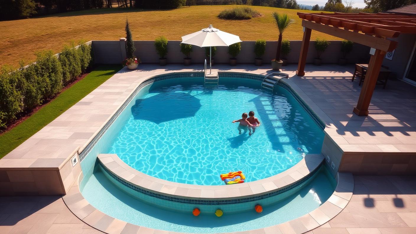 Family Pool with Pergola & Umbrella swimming pool design Classic shapes The everyday pool that families actually live around: safe. Images Created by www.TinyHome-Revolution.com