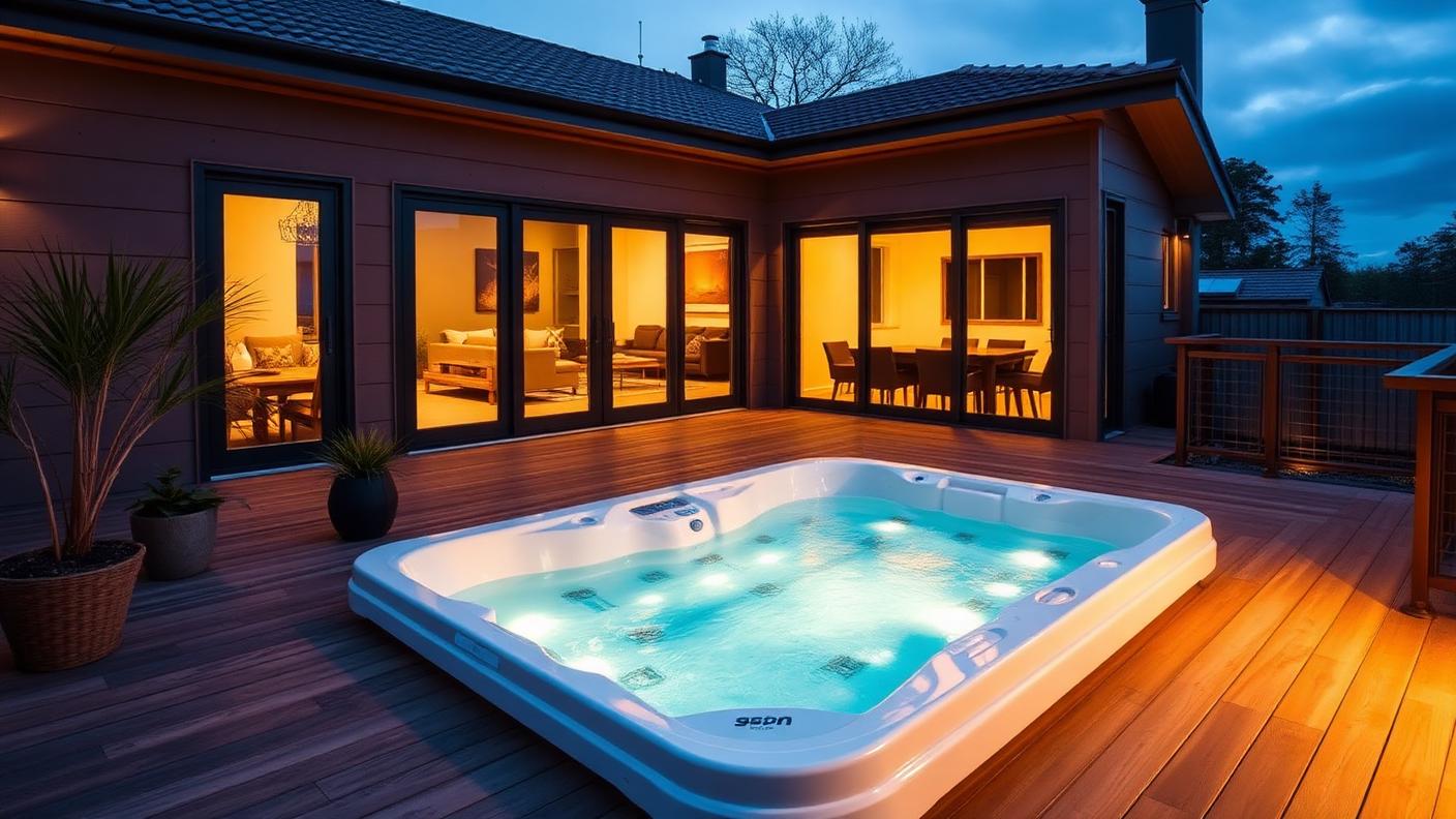 Deck Mounted Spa & Swim Spa swimming pool design Compact & small block A plug in spa or swim spa. Images Created by www.TinyHome-Revolution.com