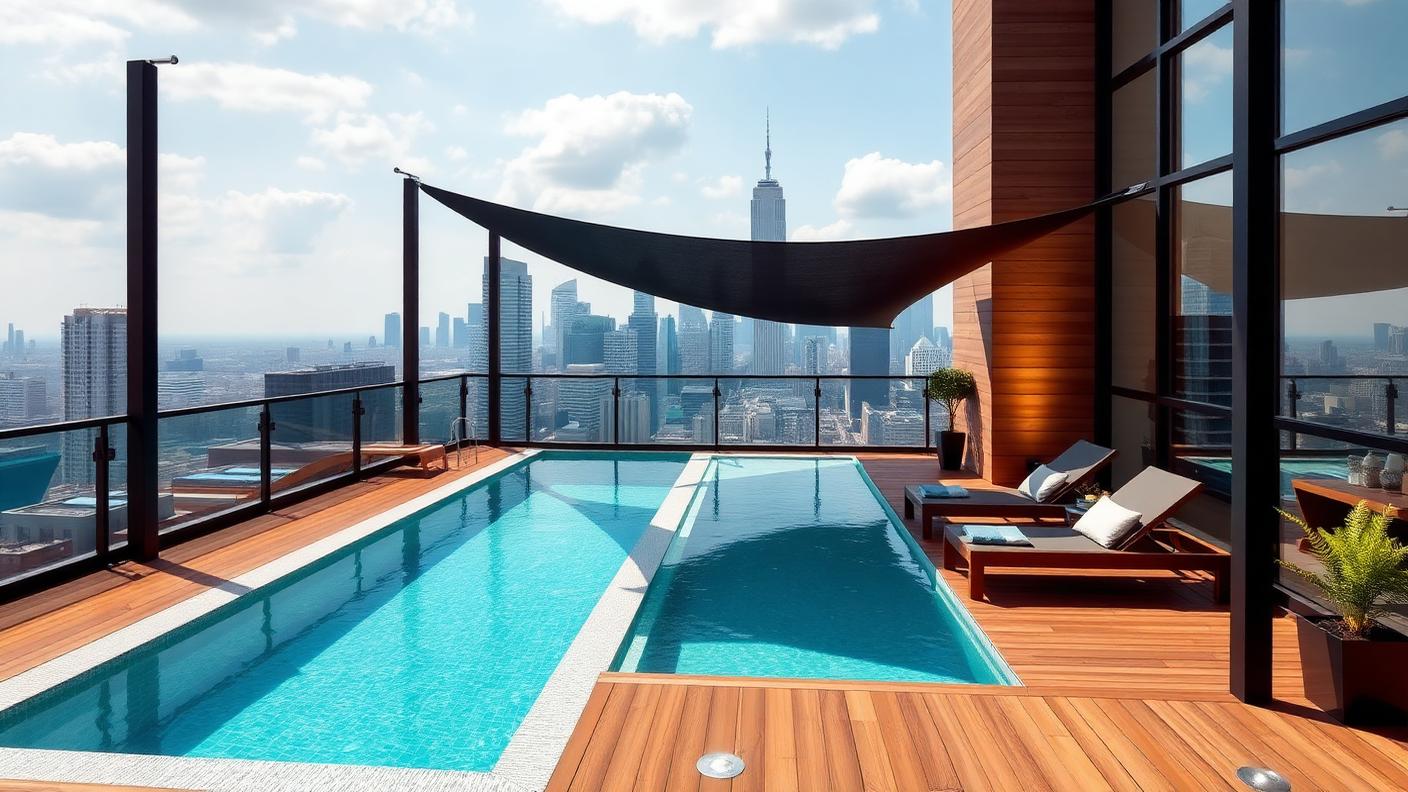Rooftop Pool with Shade Sail swimming pool design Specialty & exotic A shallow rooftop pool with a shade sail and. Images Created by www.TinyHome-Revolution.com
