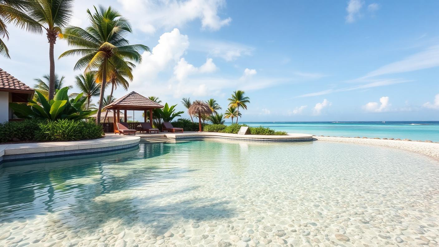 Beach Entry Zero Edge Pool swimming pool design Natural & lagoon A gradual sandy beach entry with a broad zero. Images Created by www.TinyHome-Revolution.com