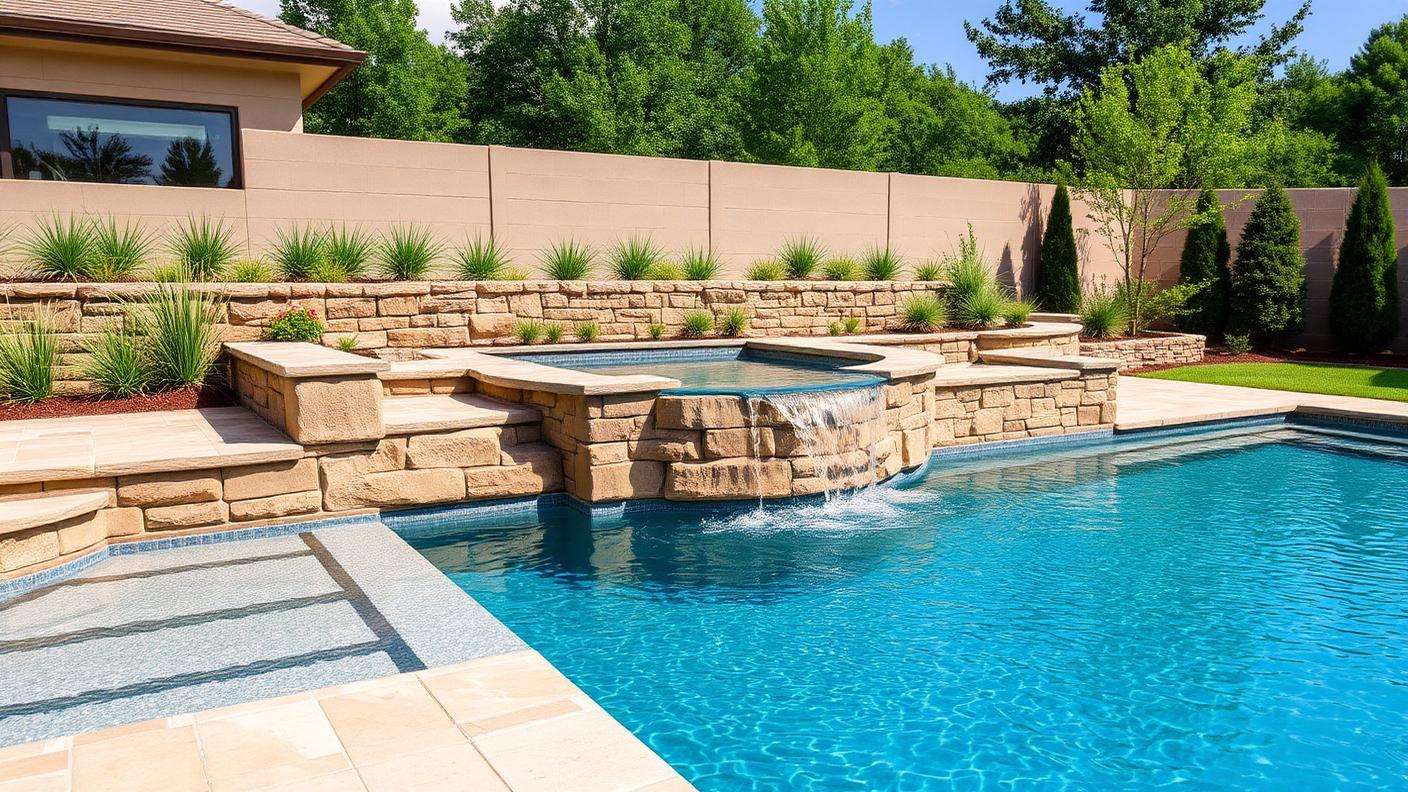 Sloping Site Pool with Stone Terraces swimming pool design Architectural On a falling block, dry stone retaining terraces let the. Images Created by www.TinyHome-Revolution.com
