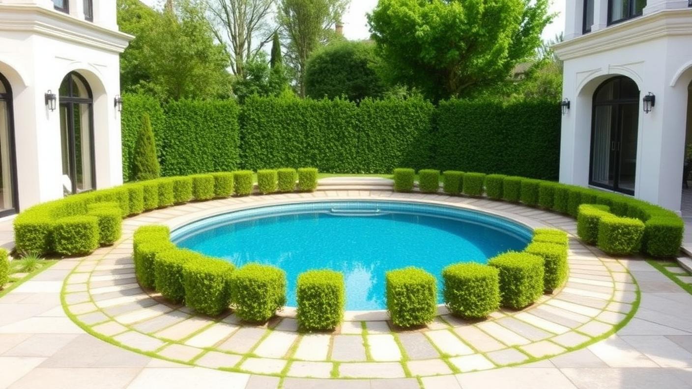Formal Circular Garden Pool swimming pool design Specialty & exotic A perfect circle set in clipped hedging reads as a. Images Created by www.TinyHome-Revolution.com