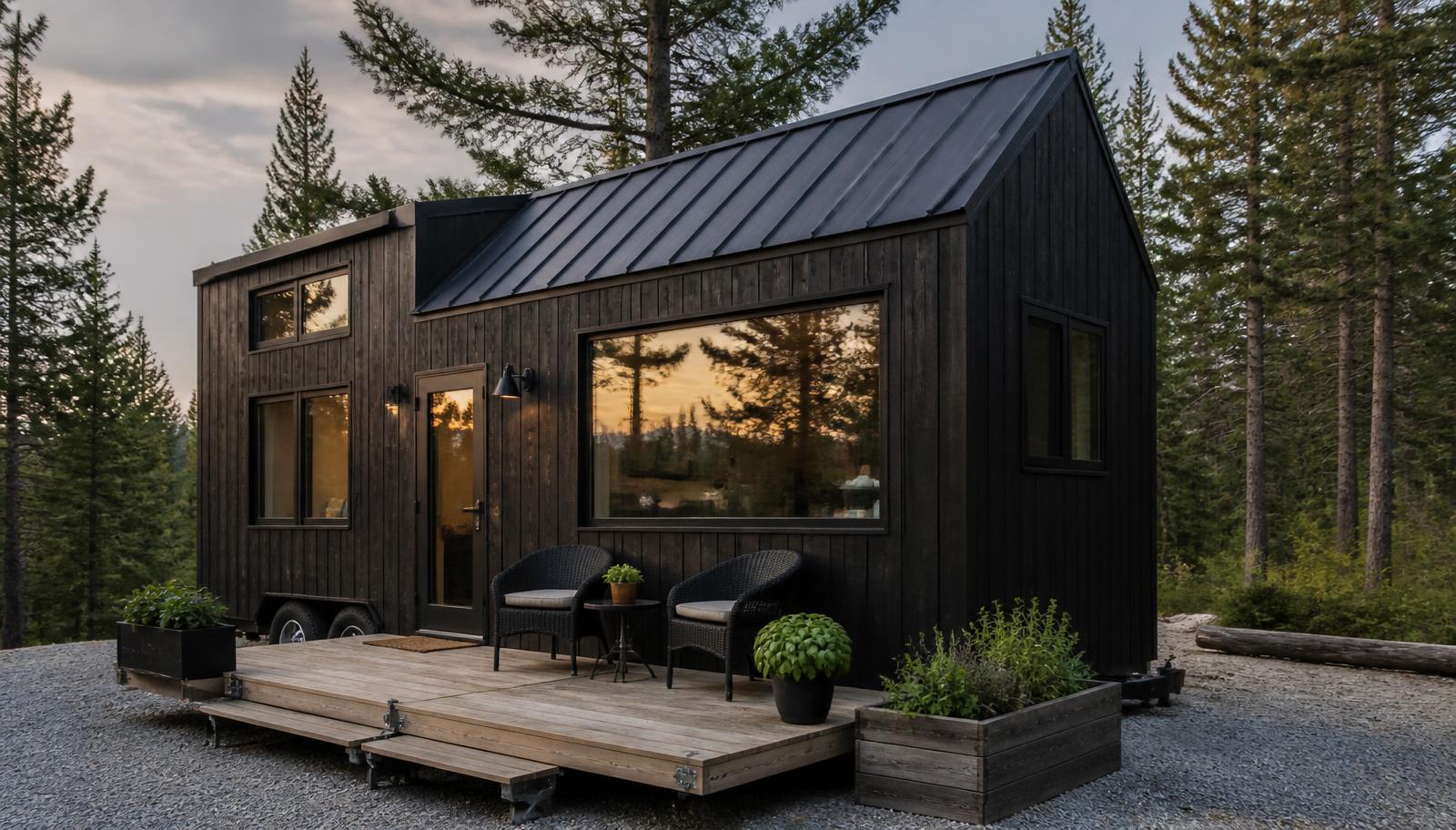 Towable tiny home design style modern home and garden landscaping design ideas. Images Created by www.TinyHome-Revolution.com