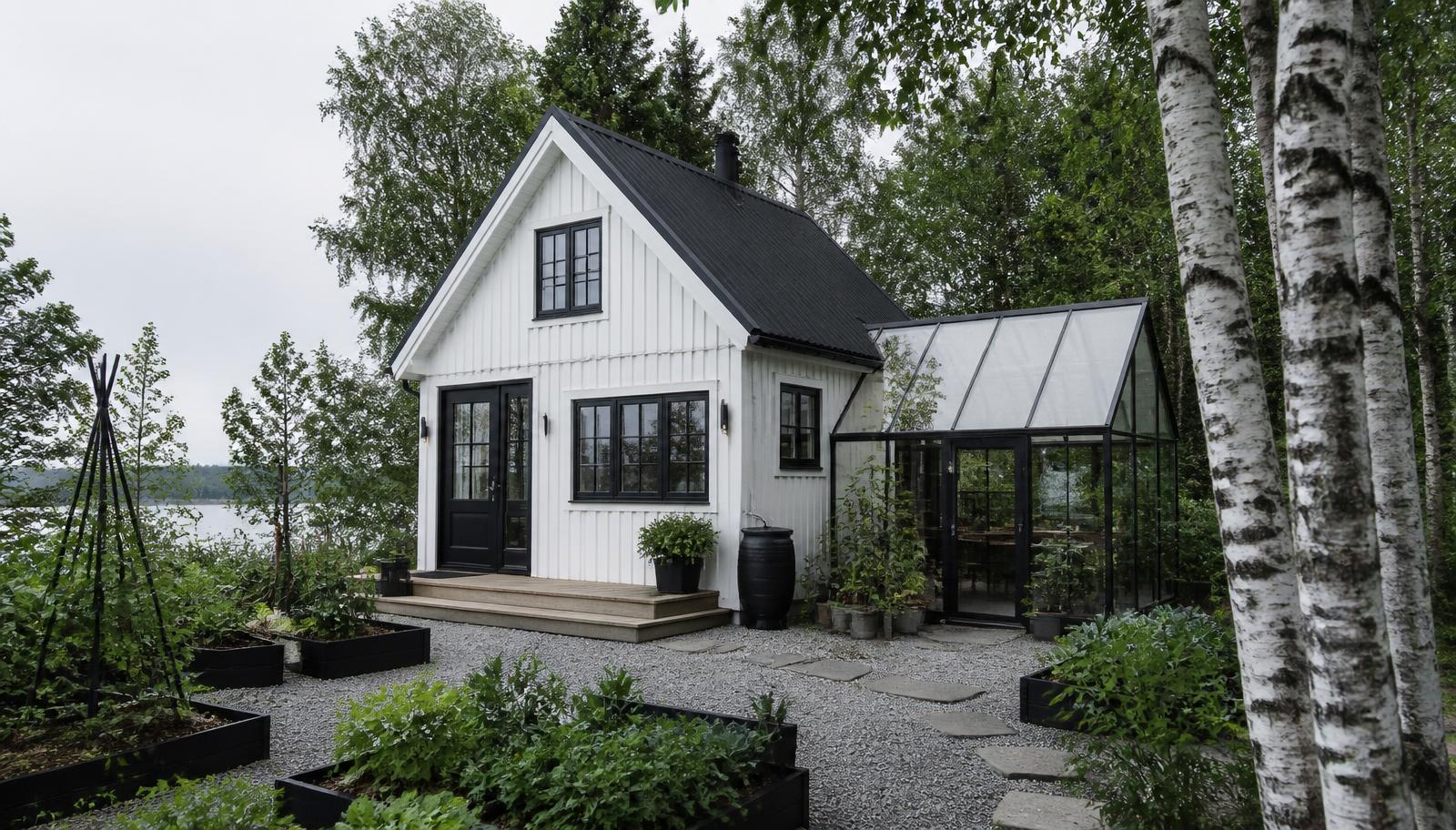 Scandi tiny home design style modern home and garden landscaping design ideas. Images Created by www.TinyHome-Revolution.com