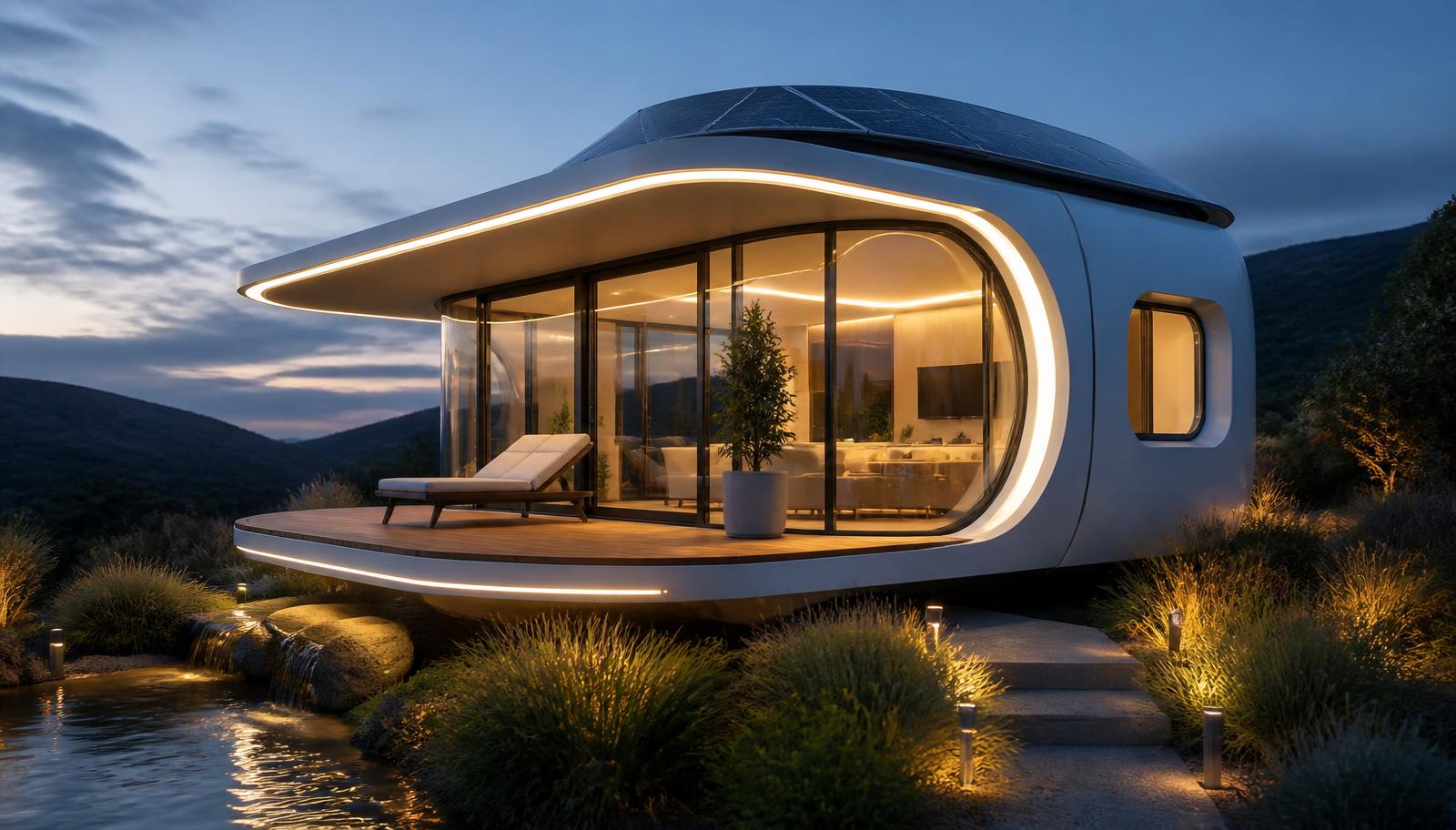 Futuristic tiny home design style modern home and garden landscaping design ideas. Images Created by www.TinyHome-Revolution.com