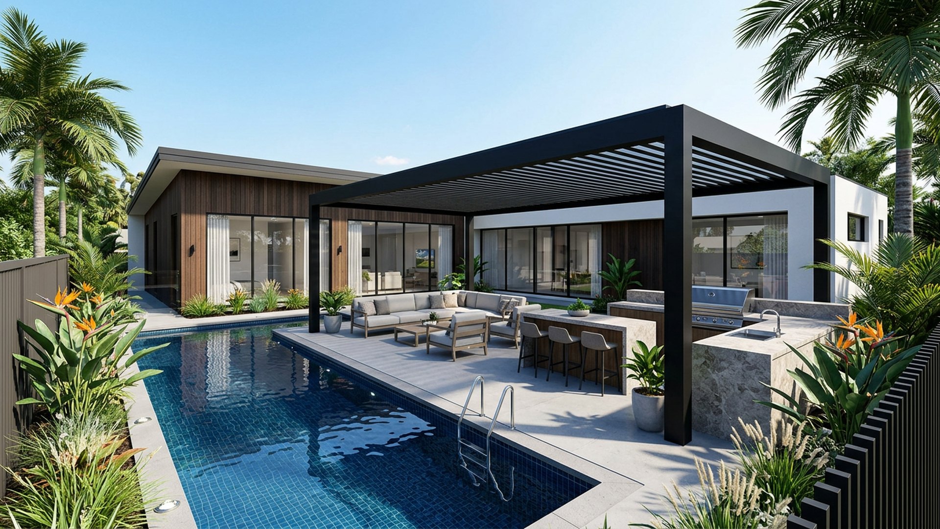 Poolside Pergola Combo backyard landscaping concept Forward Looking Pool, pergola lounge and BBQ zone arranged in one continuous entertaining run. Images Created by www.TinyHome-Revolution.com