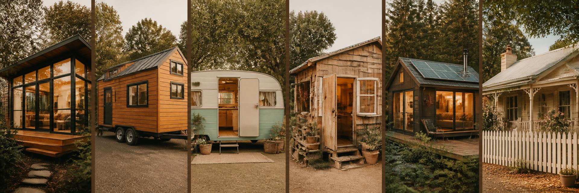 Tiny Home Series banner collage of six designs modern glass cabin, towable tiny house, vintage caravan, rustic cabin, solar cabin. Images Created by www.TinyHome-Revolution.com