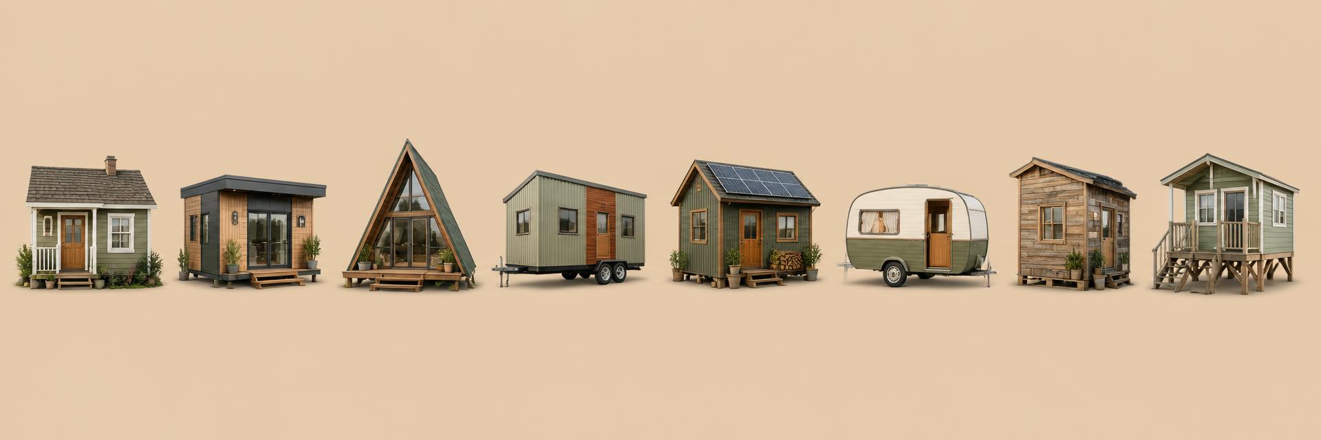 Tiny Home catalogue banner of eight designs cottage, modern boxy, A-frame, towable trailer, solar cabin, vintage camper, rustic cabin and. Images Created by www.TinyHome-Revolution.com