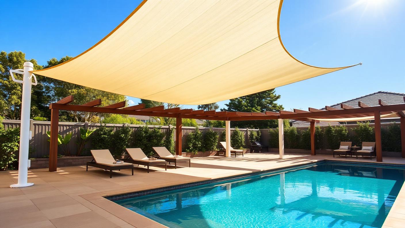 swimming pool with tensioned shade sails and a timber pergola covering poolside lounges in bright sunlight. Images Created by www.TinyHome-Revolution.com