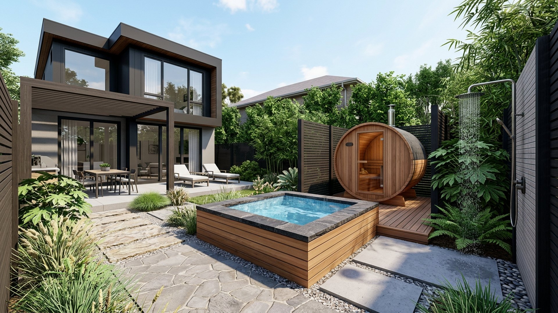 Spa and Sauna Corner backyard landscaping concept Forward Looking A plunge spa, barrel sauna and cold shower tucked into a. Images Created by www.TinyHome-Revolution.com