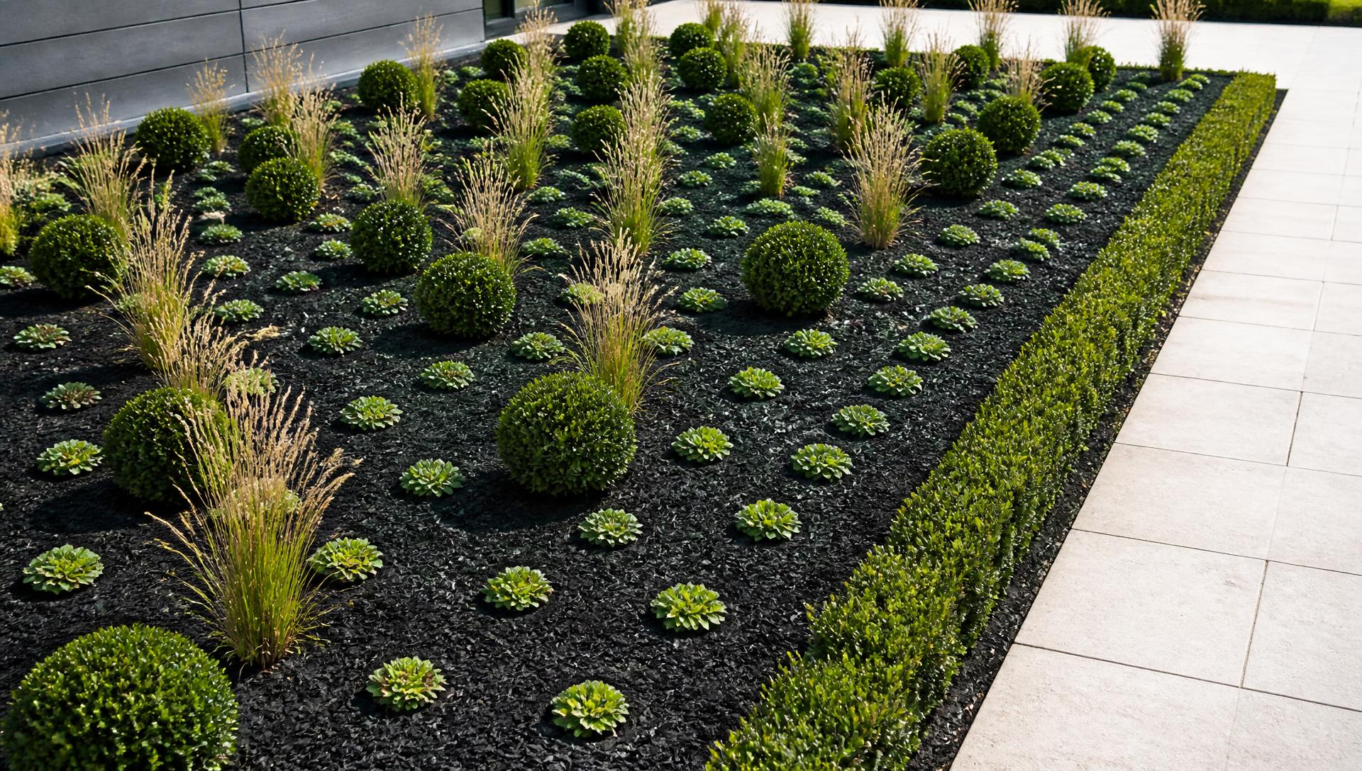 Modern grid planted garden bed with black mulch clipped box balls ornamental grasses. Images Created by www.TinyHome-Revolution.com