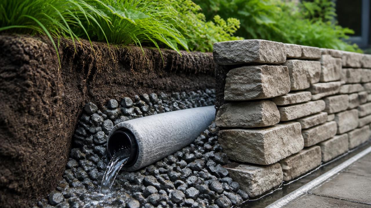 Garden drainage detail with agricultural drain in gravel trench behind new stone retaining wall. Images Created by www.TinyHome-Revolution.com