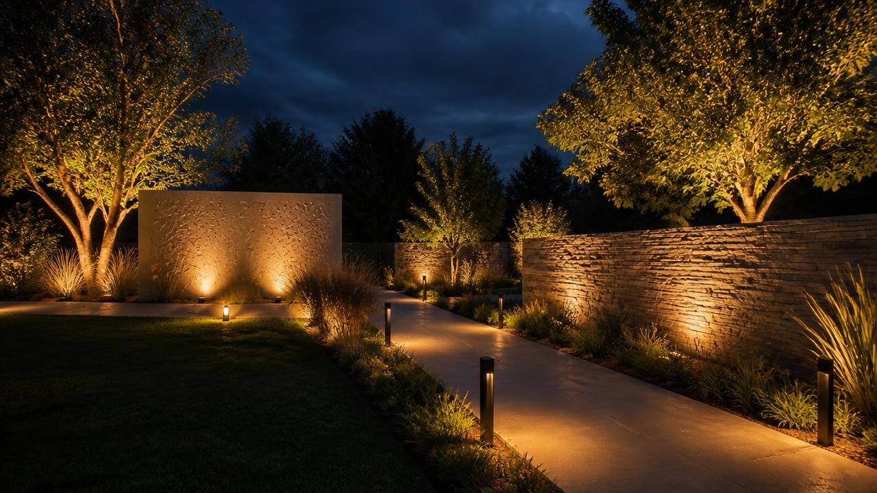 Garden landscape lighting at night with path markers, uplit feature tree and grazed stone wall. Images Created by www.TinyHome-Revolution.com