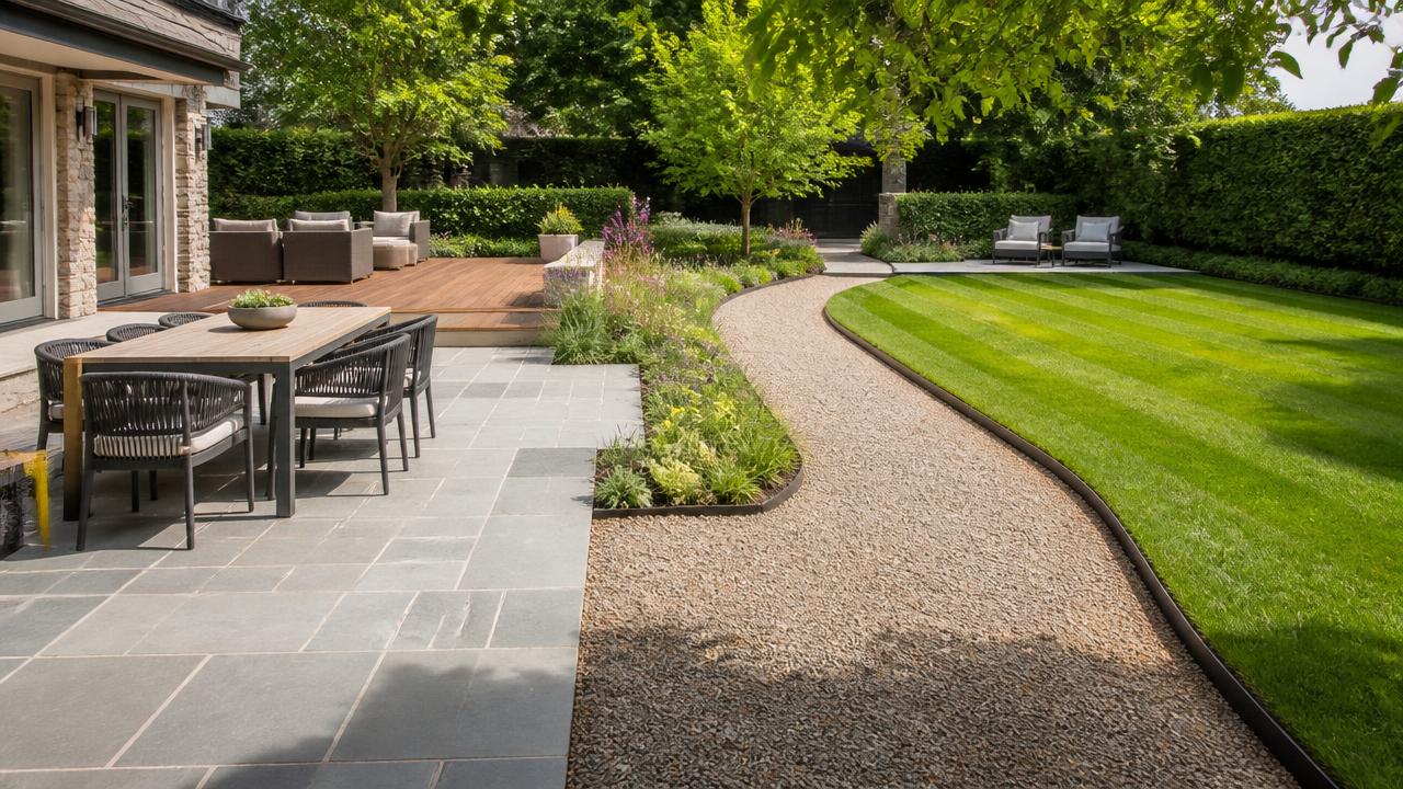 Mixed garden surfaces with sawn bluestone terrace, timber deck, gravel path and striped lawn. Images Created by www.TinyHome-Revolution.com