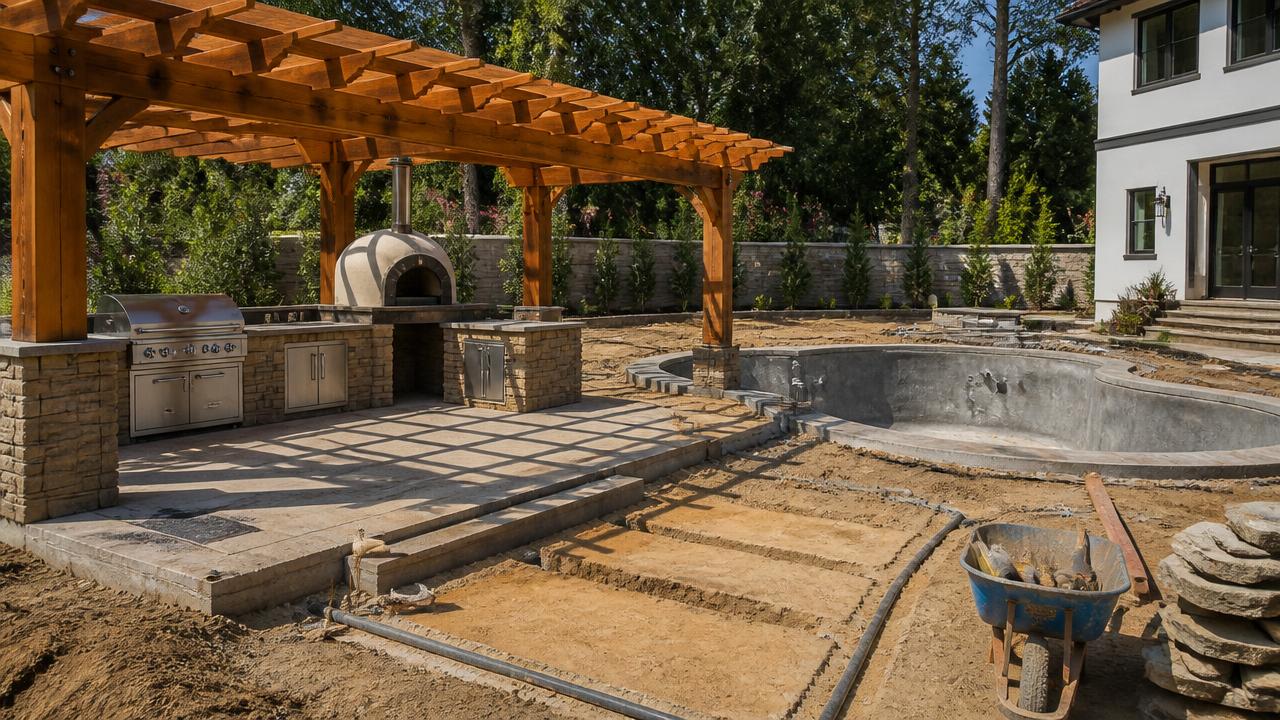 Backyard under construction with timber pergola frame, pool shell and service conduit trenches. Images Created by www.TinyHome-Revolution.com