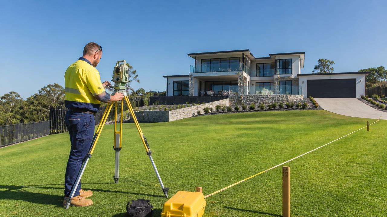 Landscape designer surveying sloping residential block with laser level tripod and boundary pegs. Images Created by www.TinyHome-Revolution.com