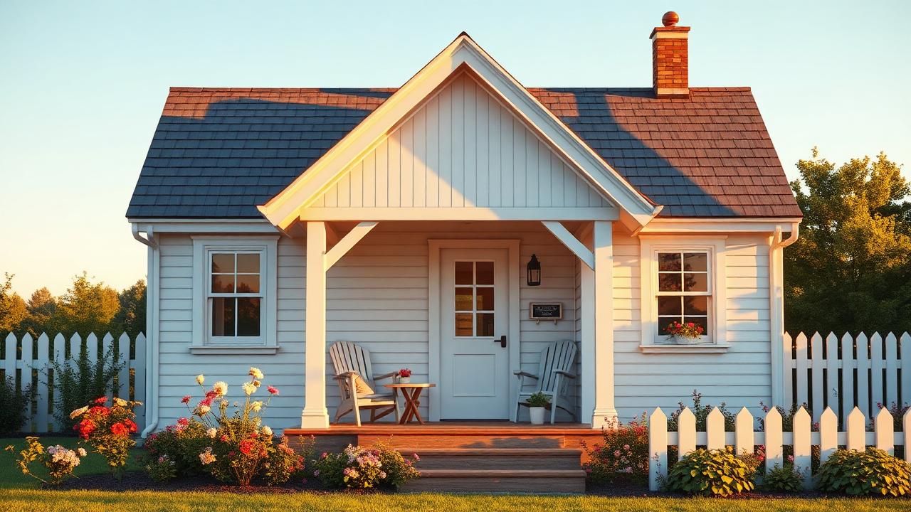 Prairie board-and-batten cottage tiny home design with garden A classic pitched gable in white board-and-batten with a shingle roof and. Images Created by www.TinyHome-Revolution.com
