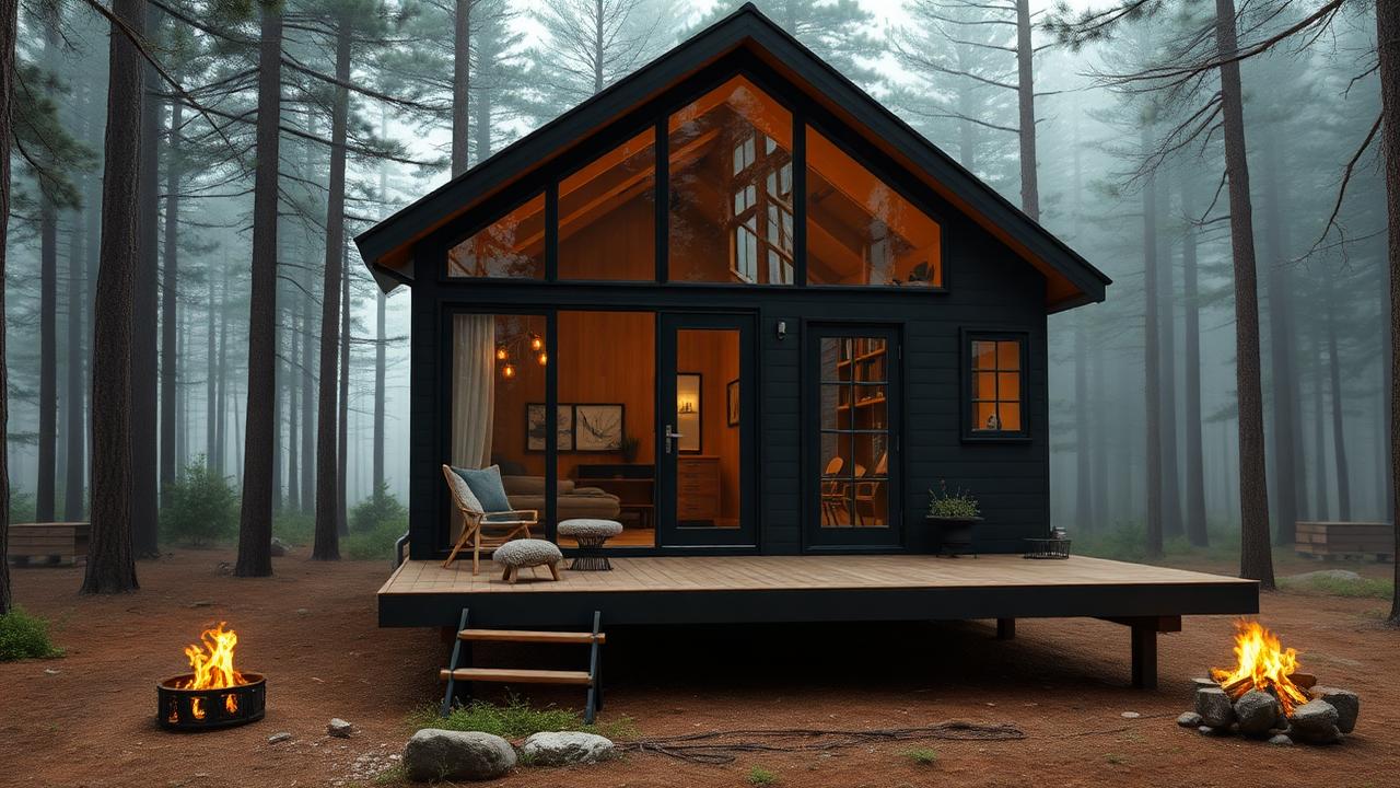 Black cedar forest cabin tiny home design with garden Charred black cladding disappears into the treeline while the fully glazed. Images Created by www.TinyHome-Revolution.com