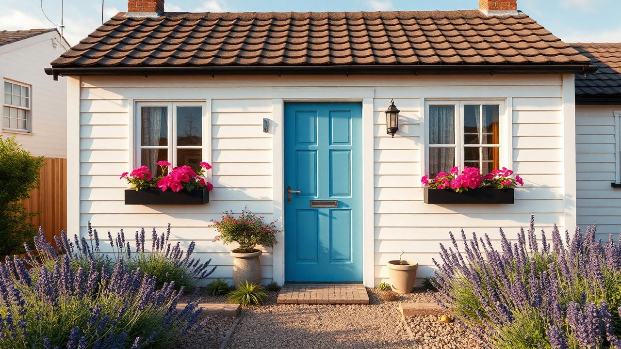 Whitewashed lane cottage tiny home design with garden Pure charm on the smallest possible plan white weatherboard, a bright blue. Images Created by www.TinyHome-Revolution.com