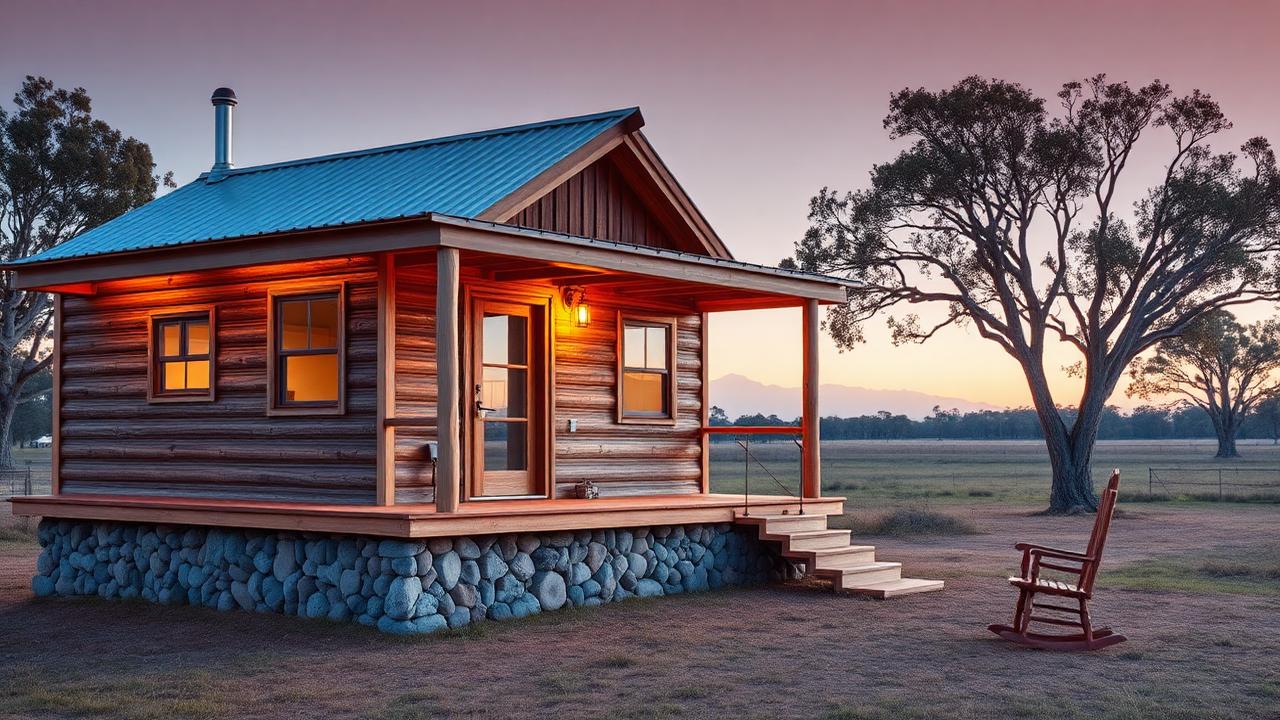 Rural veranda cabin on a stone plinth tiny home design with garden Reclaimed timber walls, a coloured tin roof and. Images Created by www.TinyHome-Revolution.com