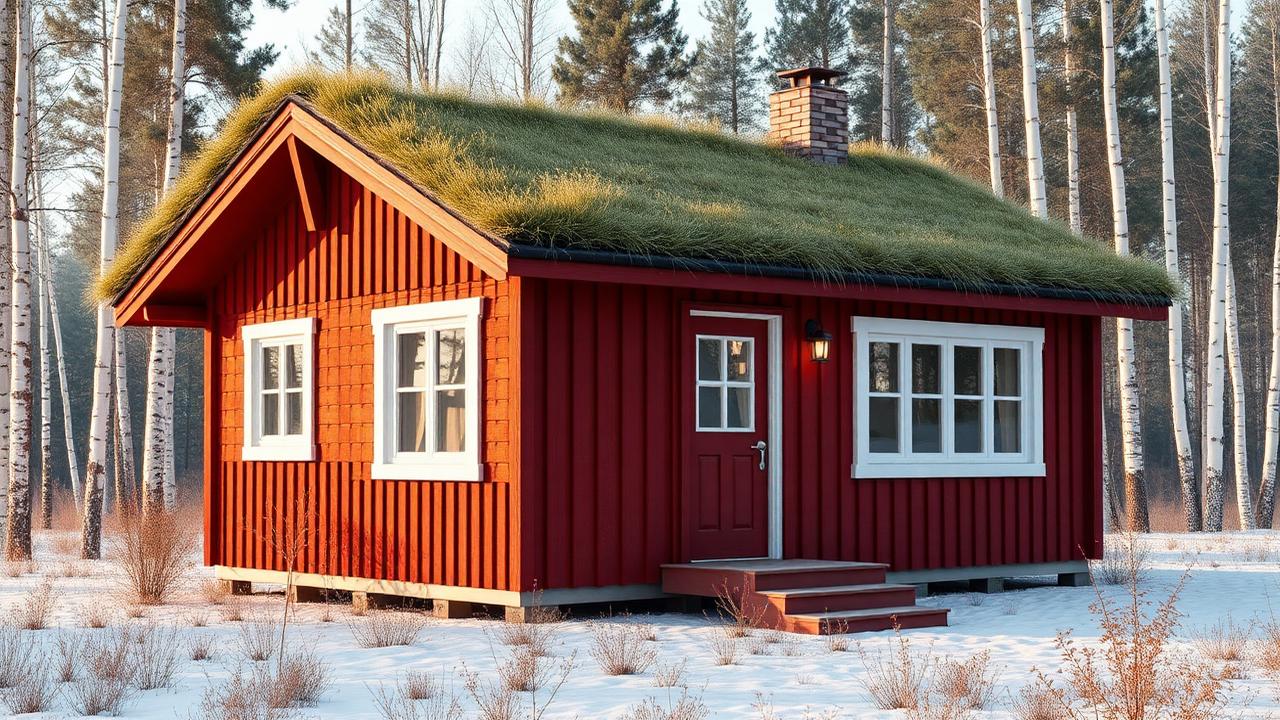Scandinavian falu red with a turf roof tiny home design with garden Traditional deep-red painted boards, crisp white window frames. Images Created by www.TinyHome-Revolution.com