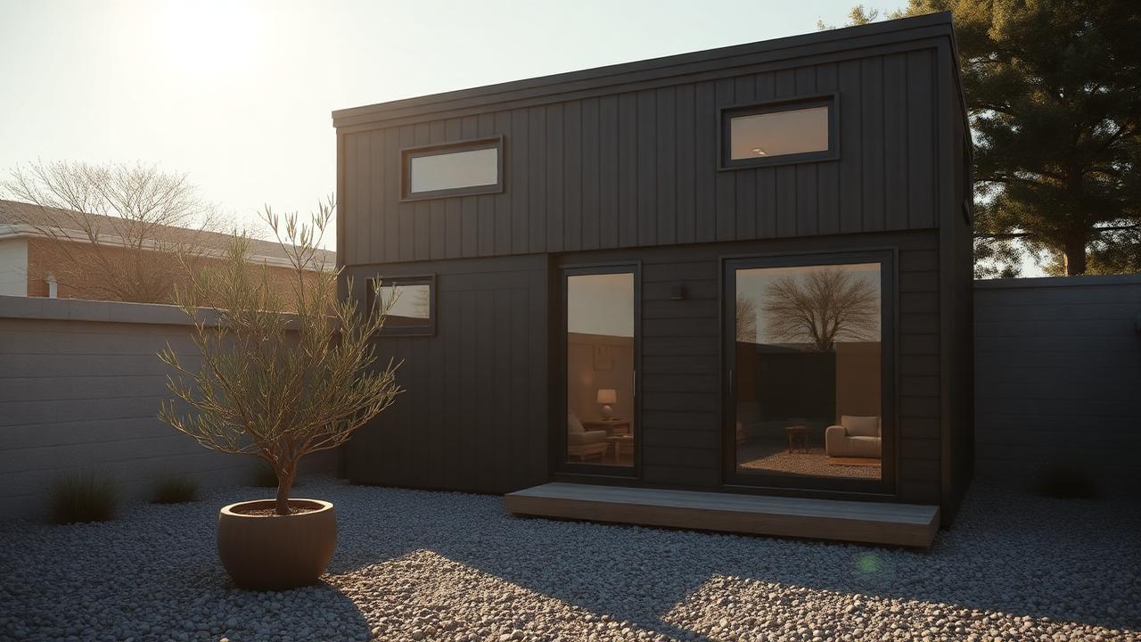 Charred timber courtyard micro house tiny home design with garden A flat-roofed, two-level micro house in black charred timber with. Images Created by www.TinyHome-Revolution.com