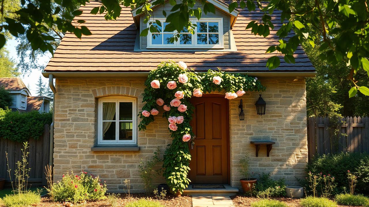 Stone cottage with a rose-covered door tiny home design with garden Coursed sandstone walls, a shingle roof and a single. Images Created by www.TinyHome-Revolution.com