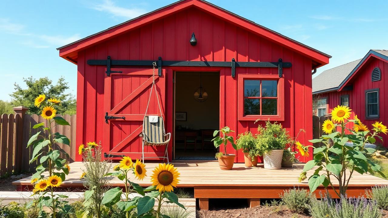 Red barn-door tiny house tiny home design with garden A barn language shrunk to tiny-home size: bold red cladding, black. Images Created by www.TinyHome-Revolution.com