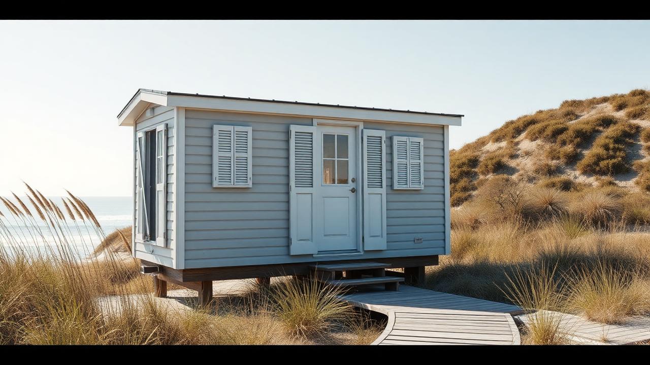 Coastal shutter cottage on piers tiny home design with garden Pale grey weatherboard with louvred shutters, lifted on short timber. Images Created by www.TinyHome-Revolution.com