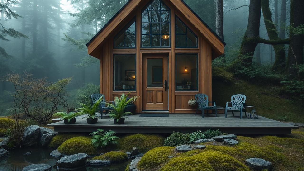 Glass-fronted A-frame by the pond tiny home design with garden The A-frame remains the most efficient tiny structure ever drawn. Images Created by www.TinyHome-Revolution.com