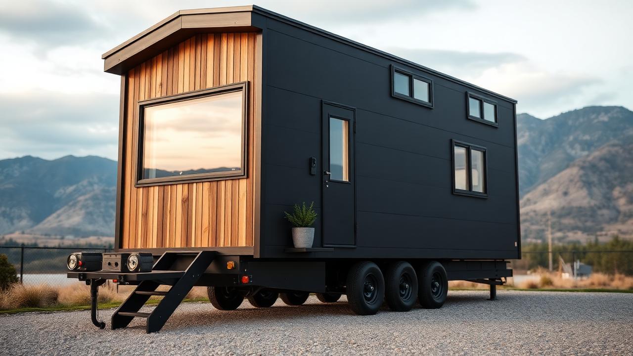 Modern towable on a mountain pad tiny home design with garden Matte black panels with a cedar-lined front bay, built. Images Created by www.TinyHome-Revolution.com