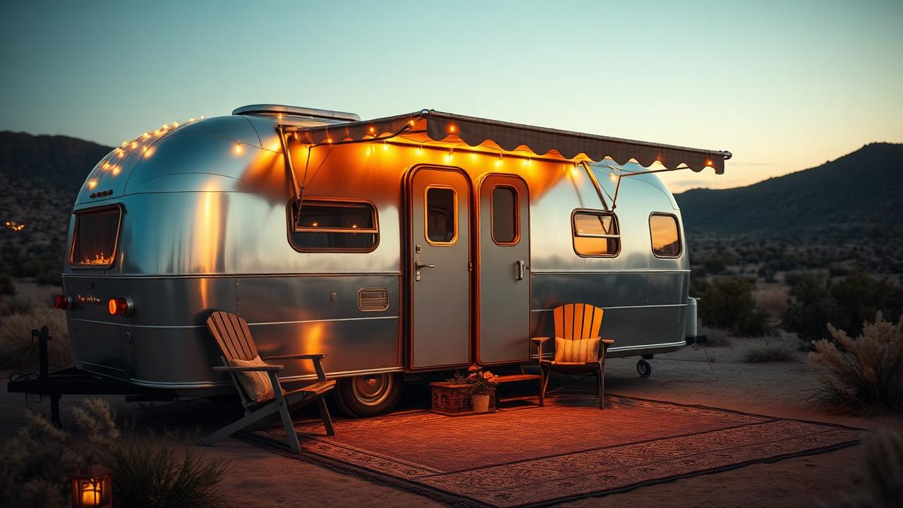 Restored silver caravan tiny home design with garden A polished aluminium caravan with a wind-out awning, an outdoor rug and. Images Created by www.TinyHome-Revolution.com
