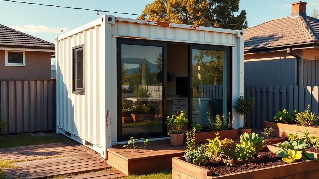 Shipping container garden studio tiny home design with garden A single 20-foot container with one long wall replaced by glass. Images Created by www.TinyHome-Revolution.com